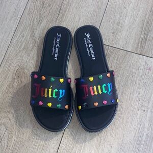 Juicy Couture Black Slides with Rainbow Logo and Heart Studs